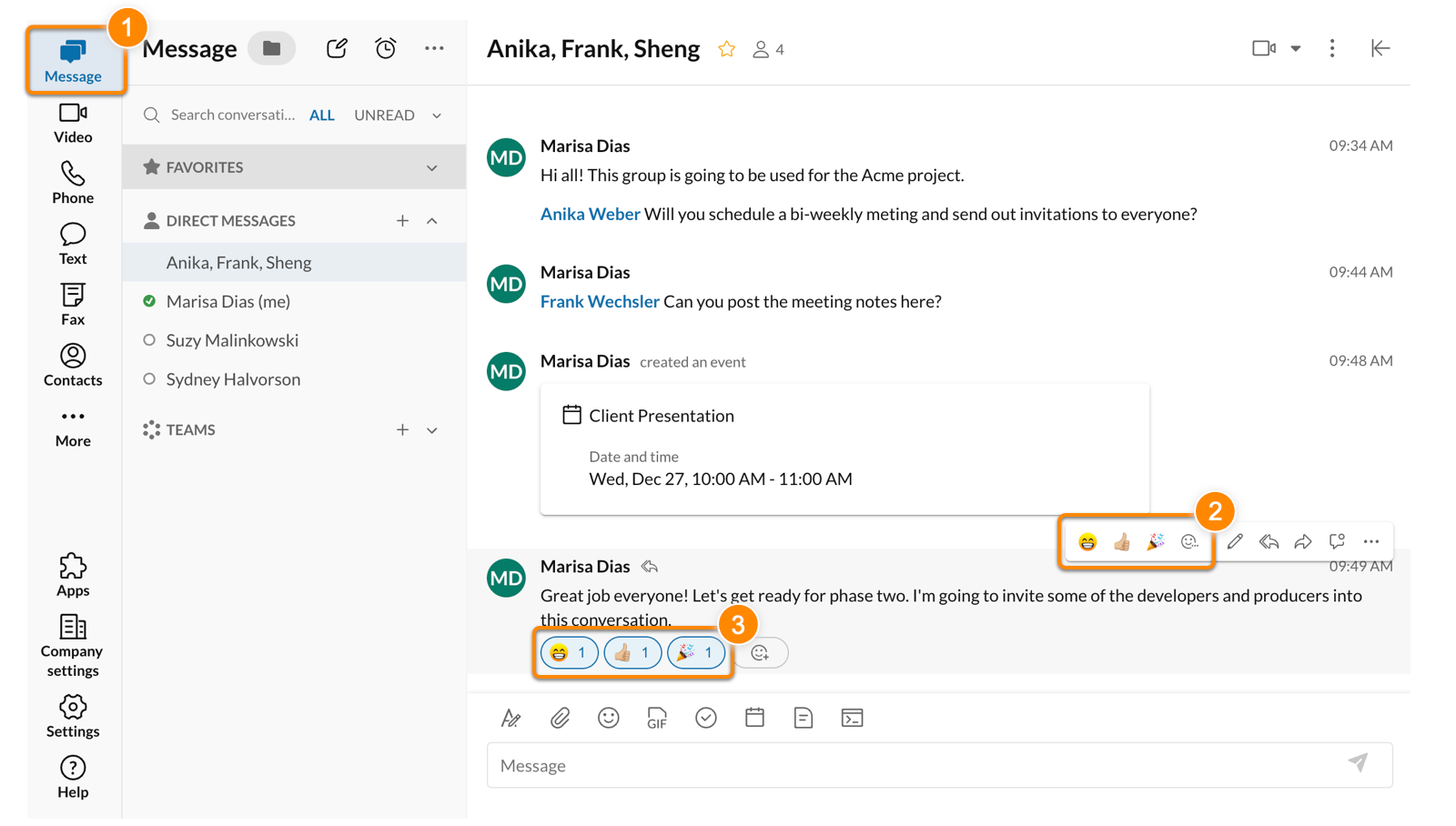 Using emojis to react to a message