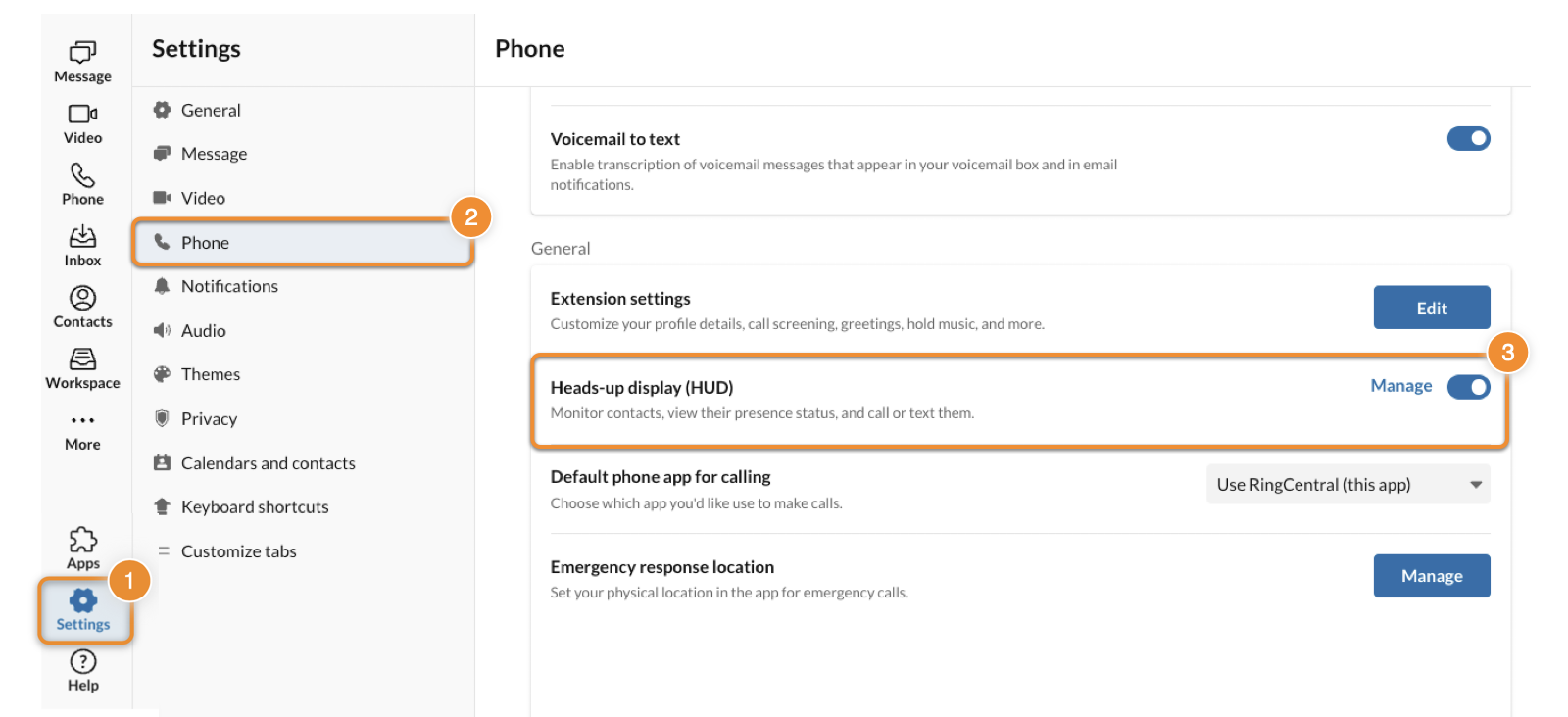 Heads-up display in the RingCentral app. 