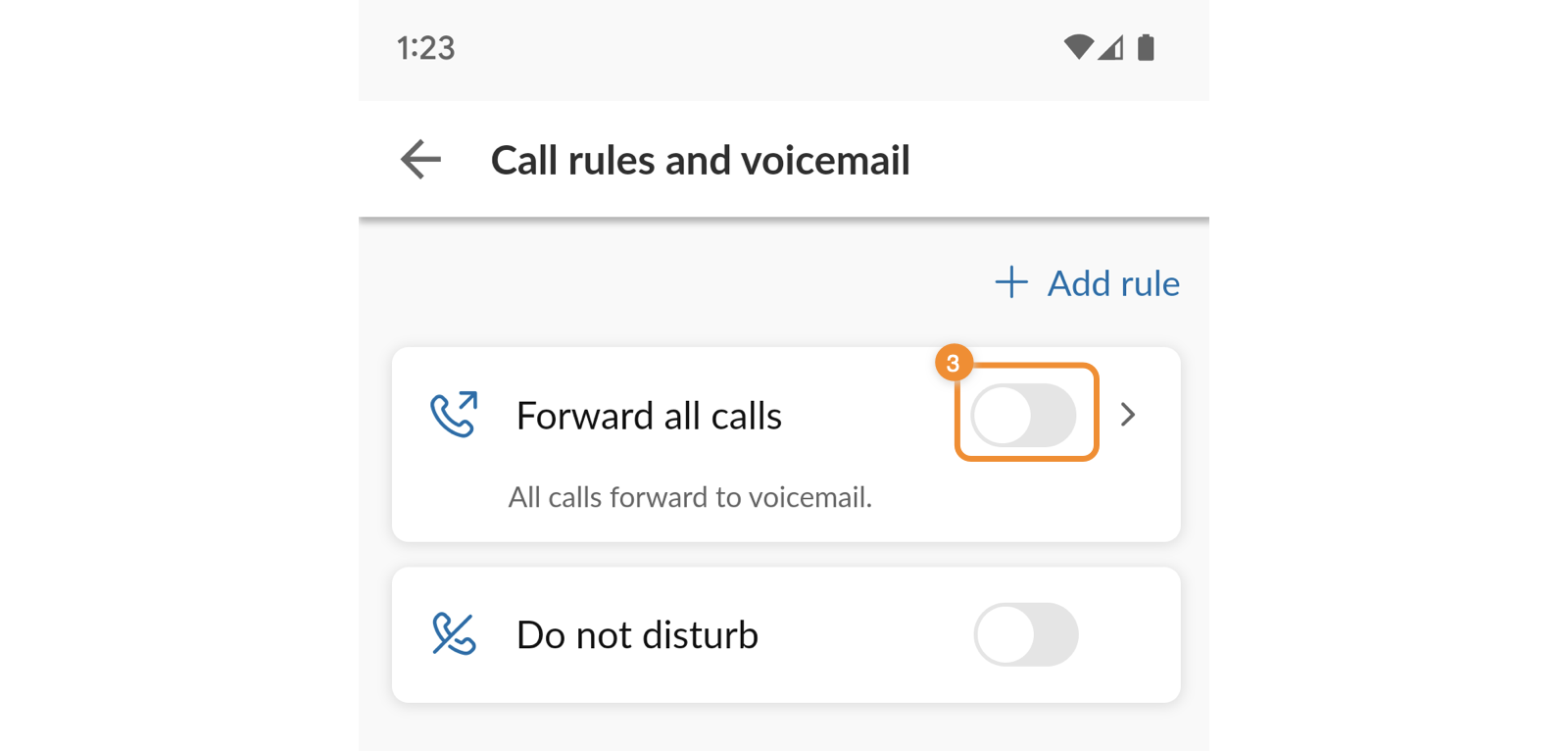 The forward all calls toggle in the Call rules and voicemail settings in the RingCentral mobile app.