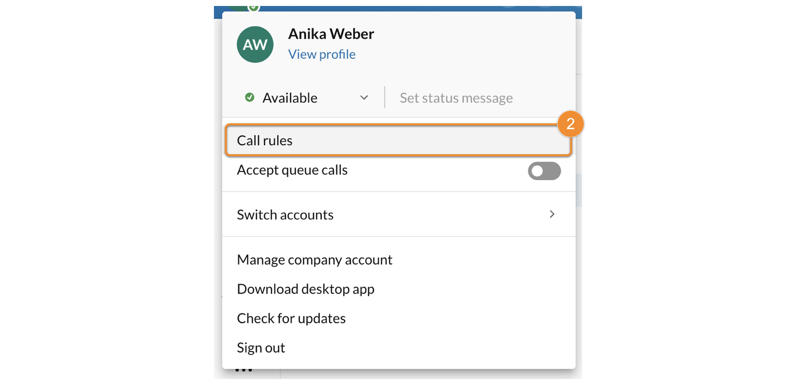 Click the Call rules under profile menu in the RingCentral desktop and web app.