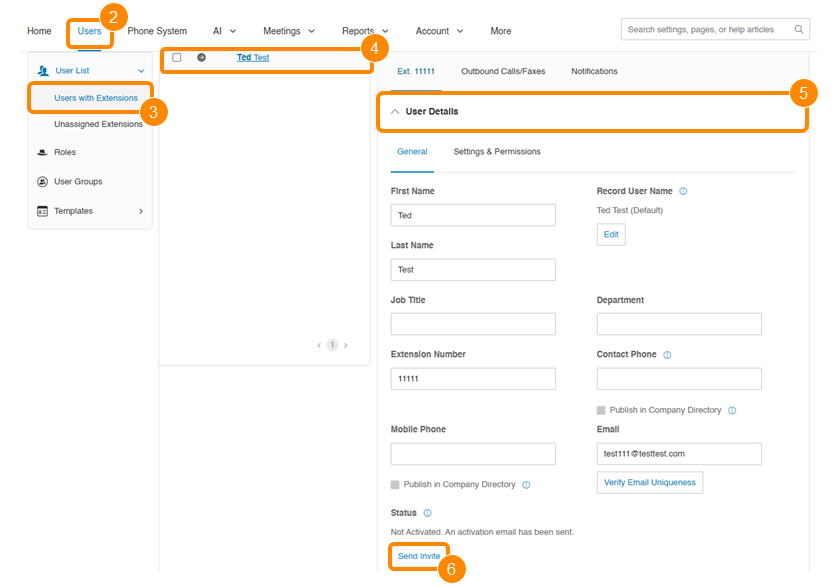 Select a User with Extension, click the User Details dropdown, then click Send Invite under Status
