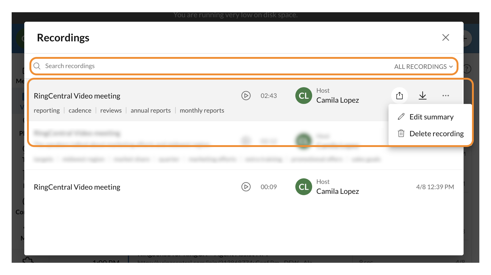 The Recordings page lists all of your recordings