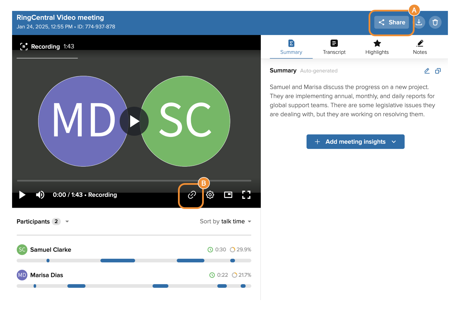 Sharing a video recording
