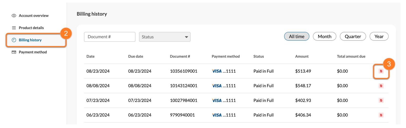 Ring.com account dashboard screenshot billing history