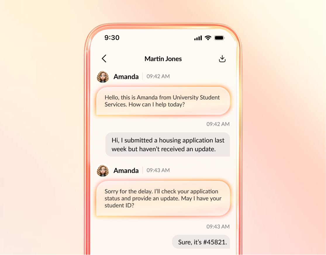 Intelligent virtual agent (IVA) responding to student query about housing application