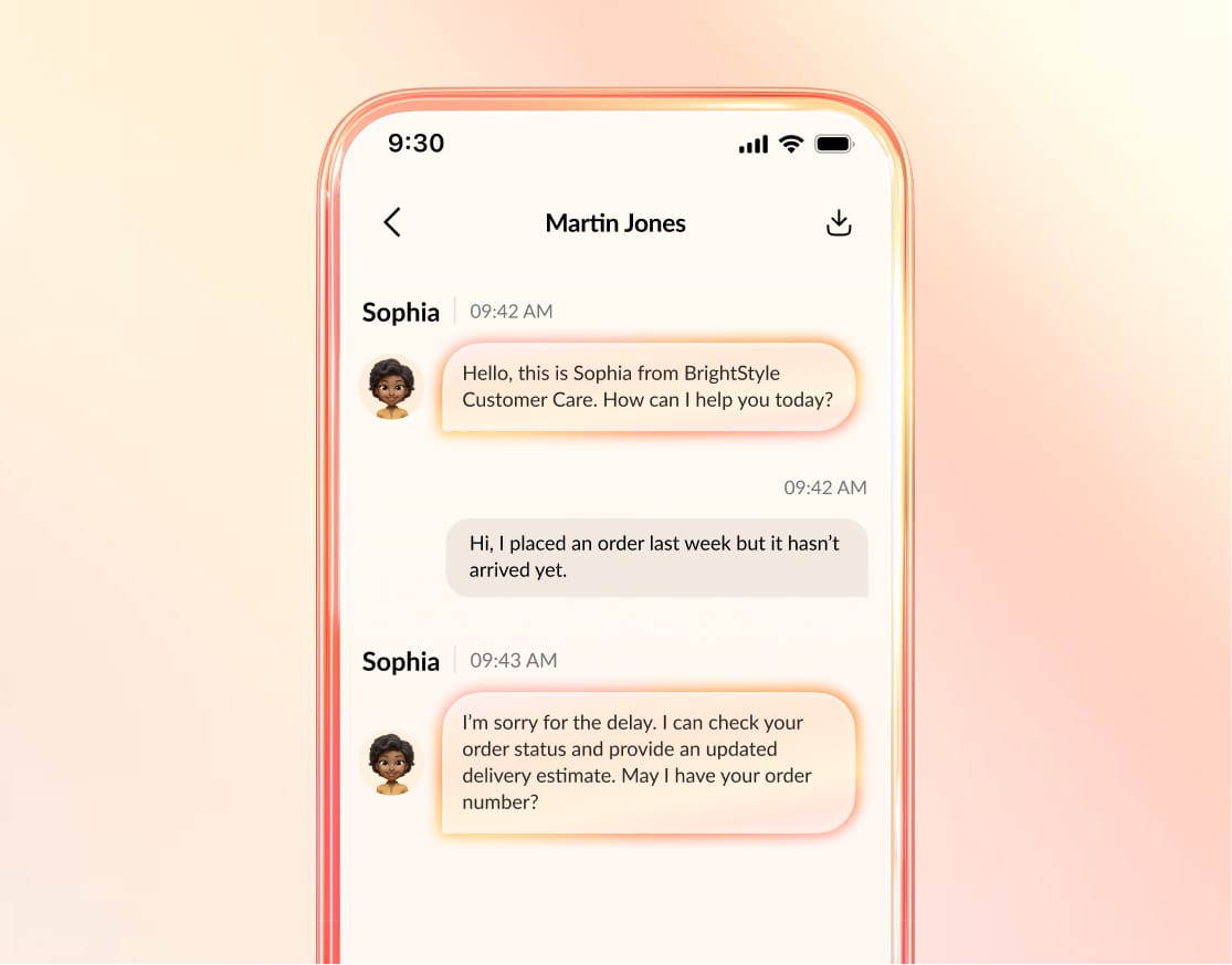 Chat interface on a smartphone showing customer support conversation.
