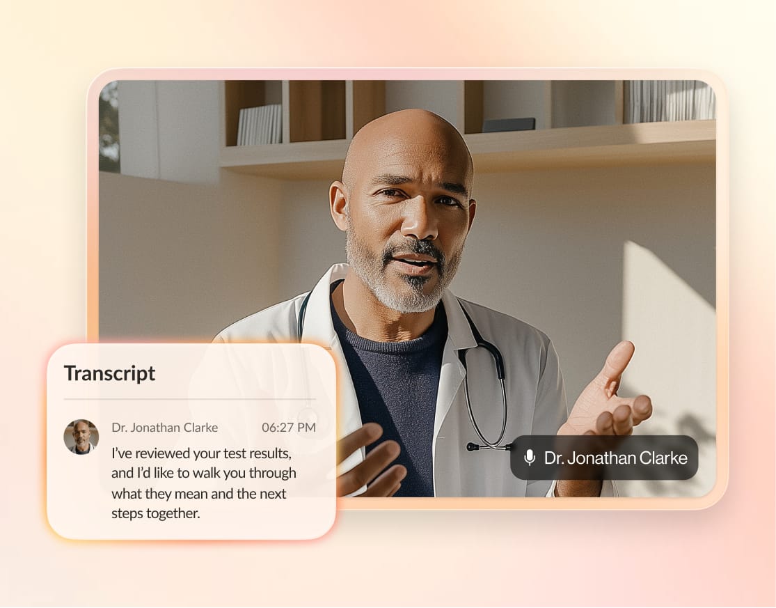 UI of RingCentral Video call displaying live AI transcription during a virtual doctor consultation