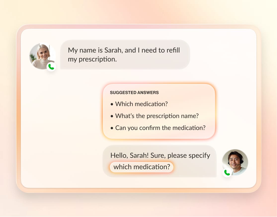 AI-powered chat interface suggesting responses for a prescription refill query.