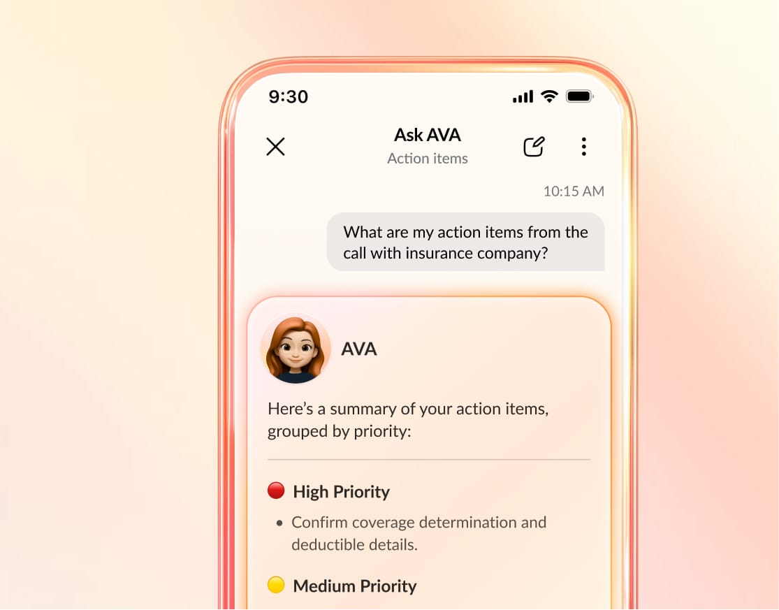RingCentral AVA (AI virtual assistant) showing real-time insights between Clarins adjuster and policyholder