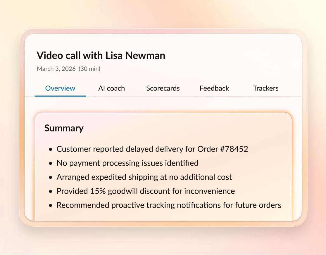 RingCentral video call summary with resolution steps for an order issue.