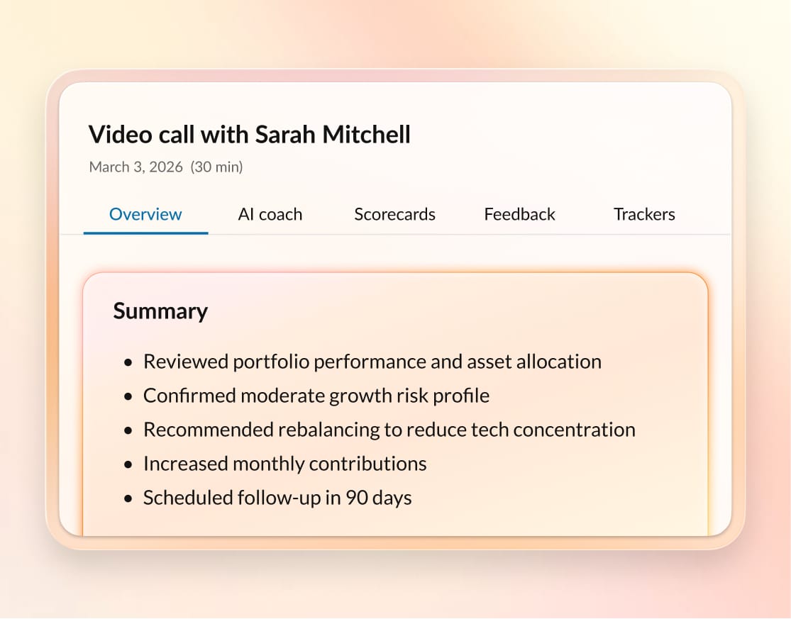 screenshot of AI Conversation Expert (ACE) summary following wealth advisory visit