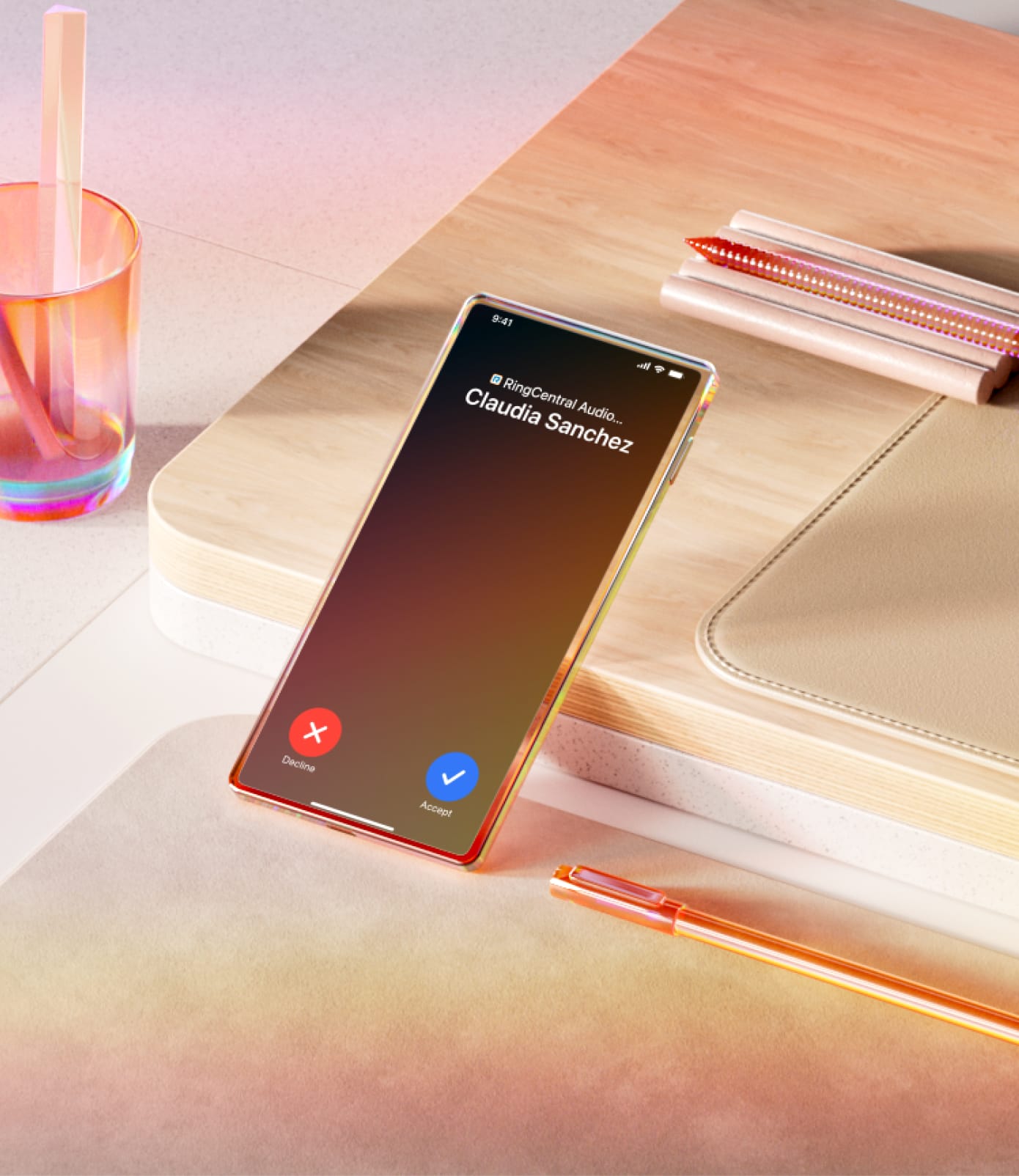 A smartphone displaying an incoming call with options to decline or accept rests on a beige table.