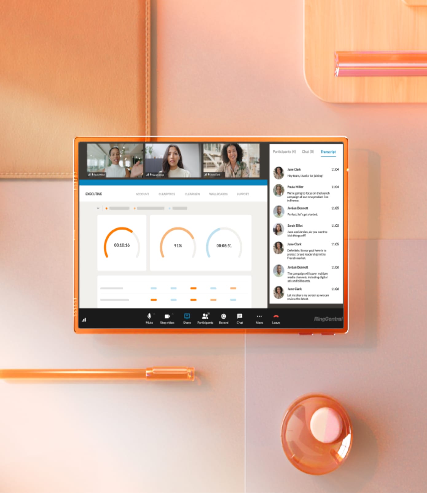 A RingCentral Video meeting with three participants and a contact center dashboard below showing progress charts and a sidebar with a team chat panel.