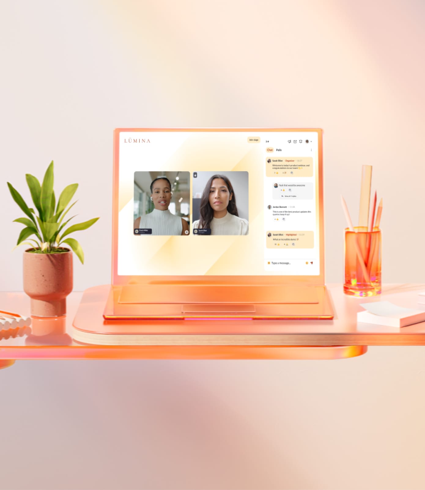 A sleek orange laptop featuring a RingCentral Event