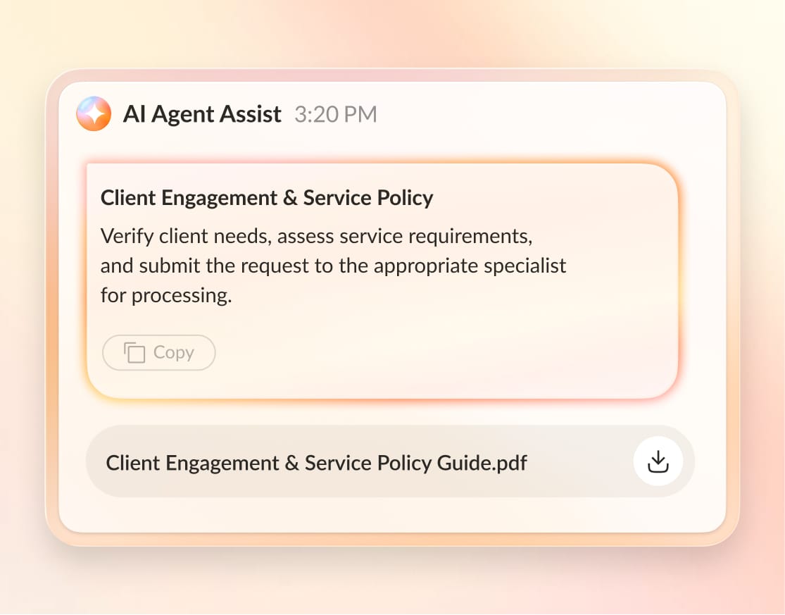 AI agent assist provides client engagement prompts and documents.
