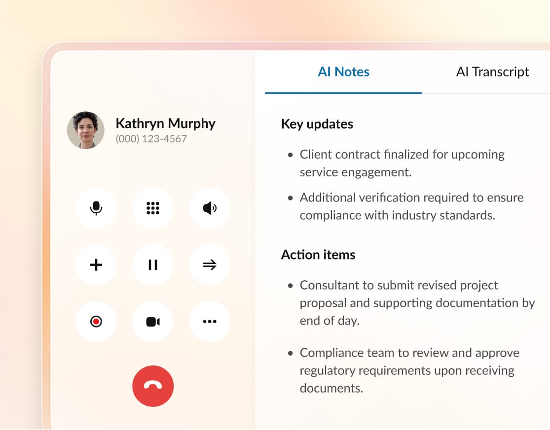 User interface showing AI Notes & AI Transcript capabilities