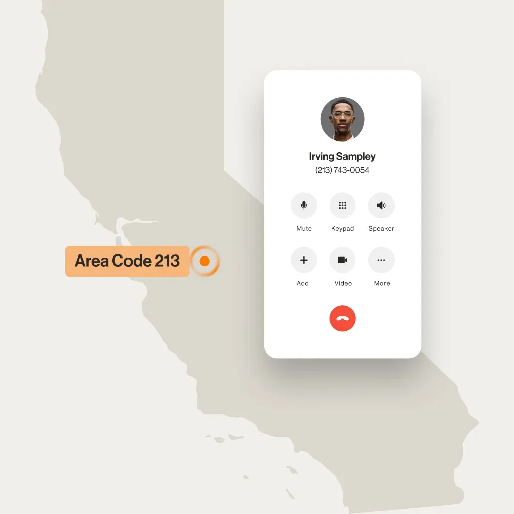 A contact displayed on the RingCentral dialpad over the Los Angeles California map