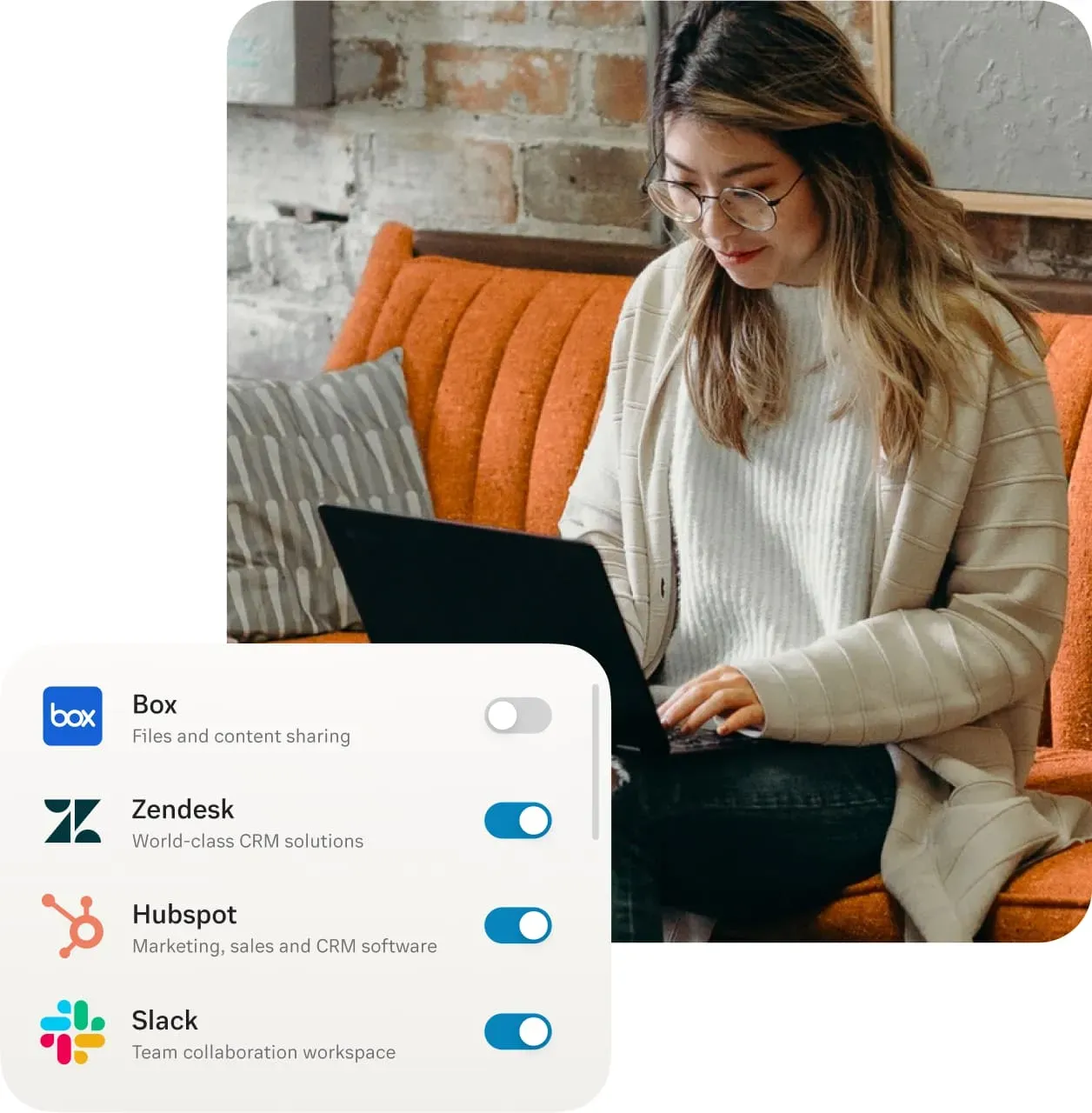 A woman looking at a laptop with an insert of RingCentral App Integrations such as Box, Zendesk, Hubspot, and Slack