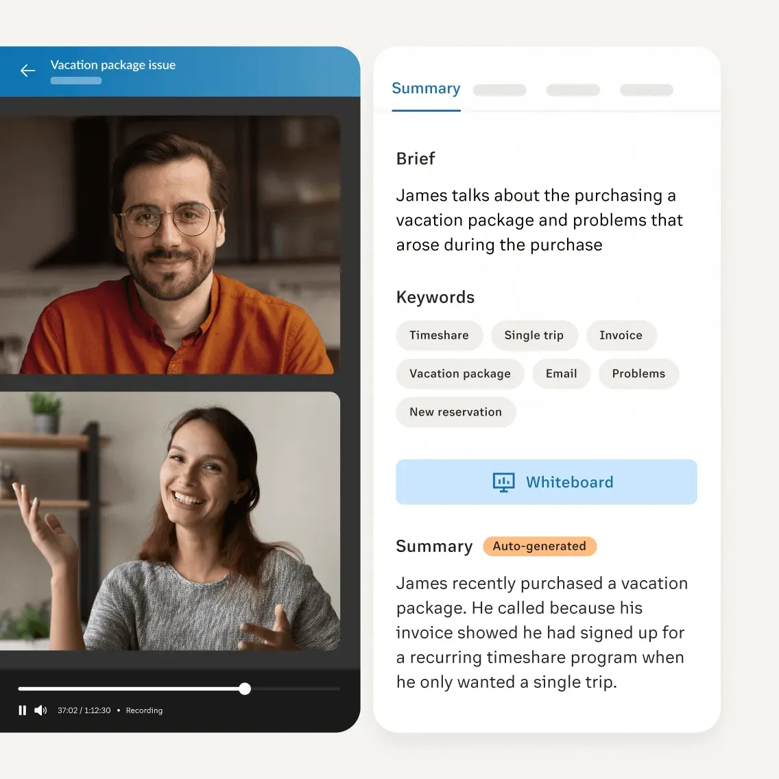 The AI-powered summary highlight and transcription feature of an ongoing video call in the RingCentral app