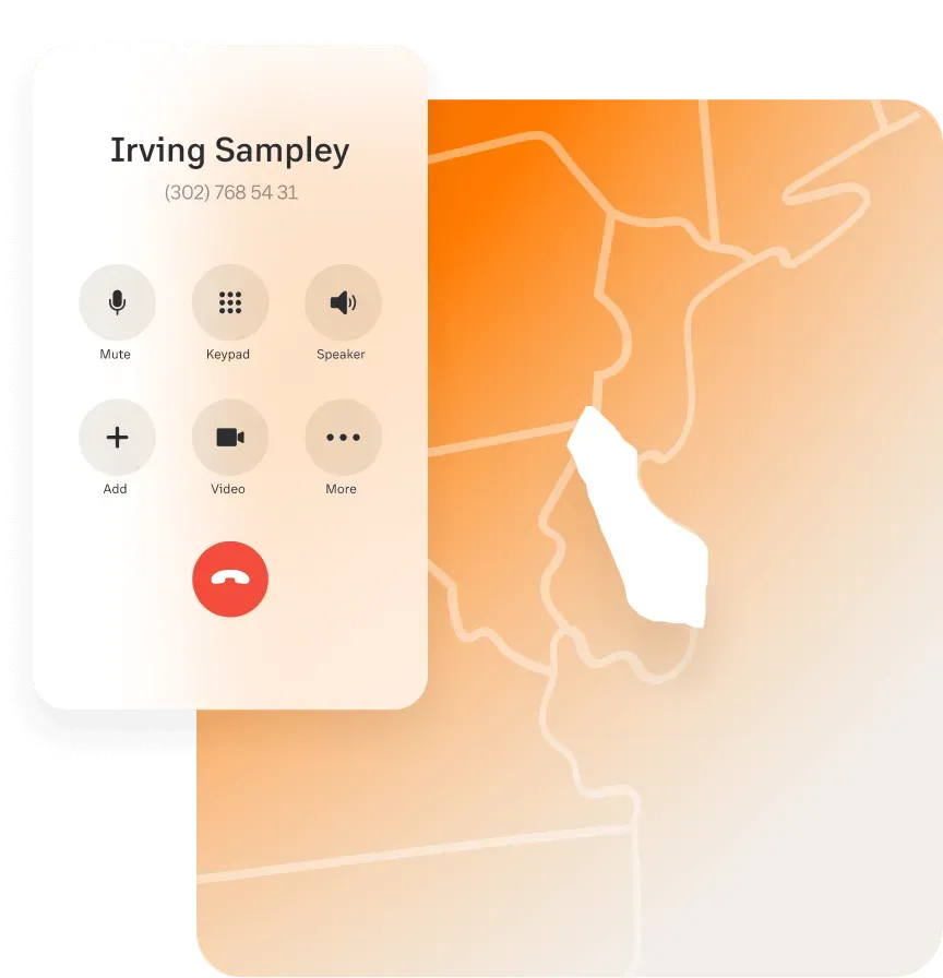 A contact displayed on the RingCentral dialpad over the Delaware map