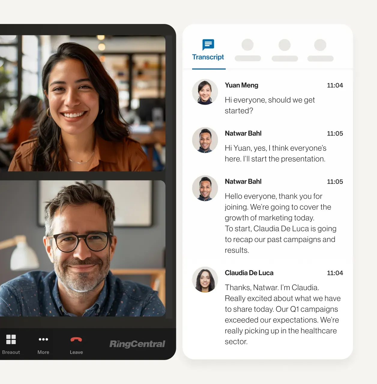 A video call between two colleagues with the transcript feature of the RingCentral Video running on the side.