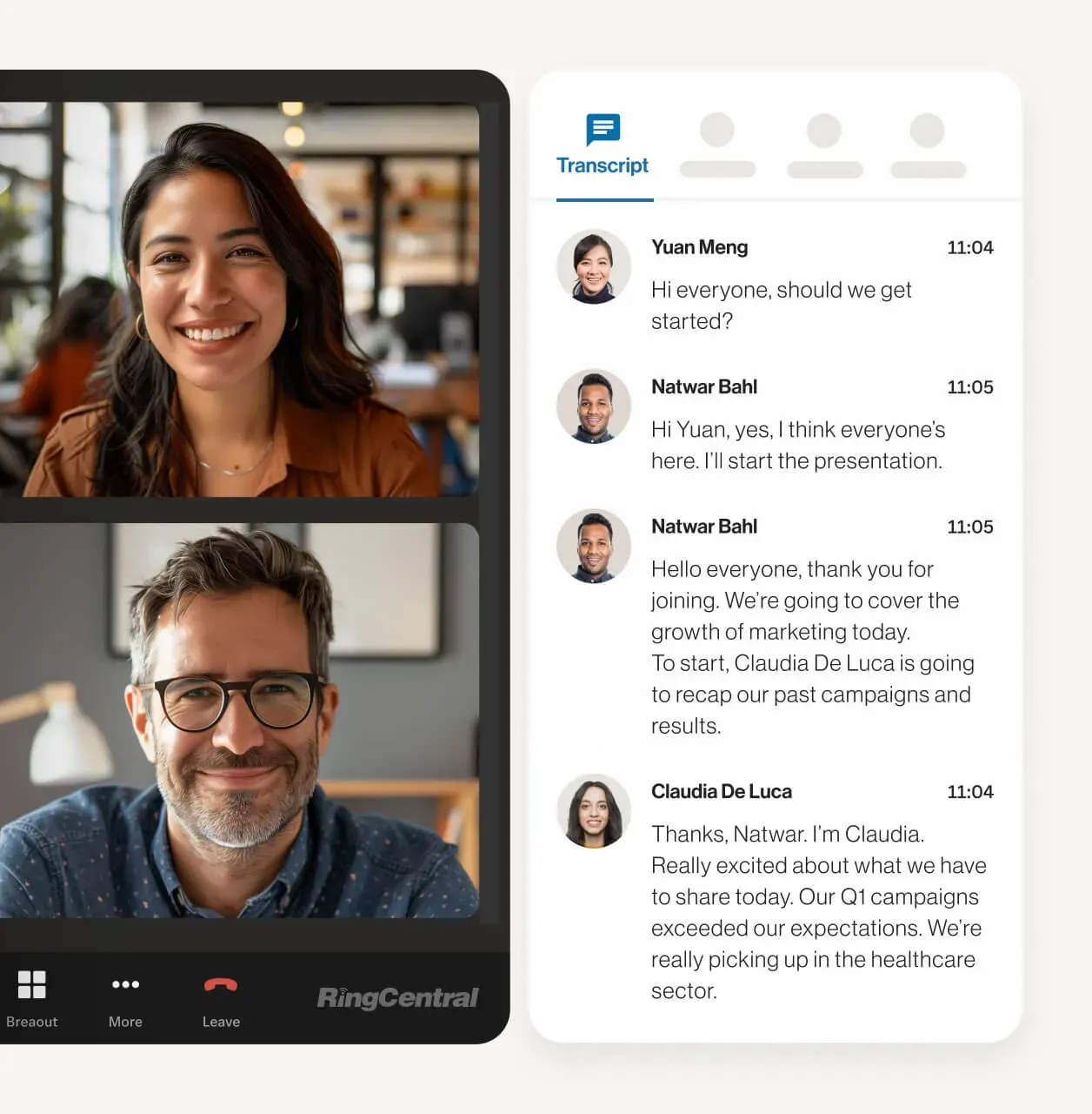 A video call between two colleagues with the transcript feature of the RingCentral Video running on the side.
