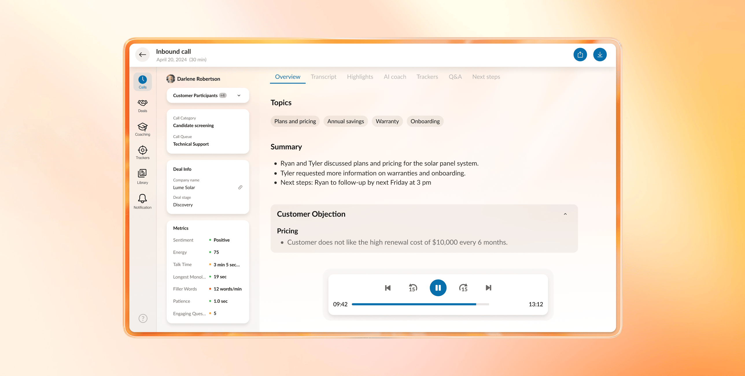 The RingCX dashboard showing an inbound call and AI-powered, real-time coaching around customer objections like pricing