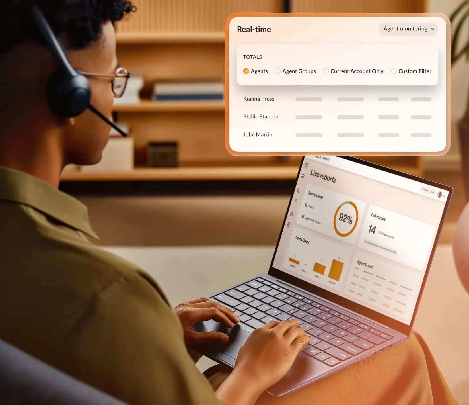 A person wearing a headset looks at a laptop displaying RingCentral's real-time agent monitoring and live reports dashboard.