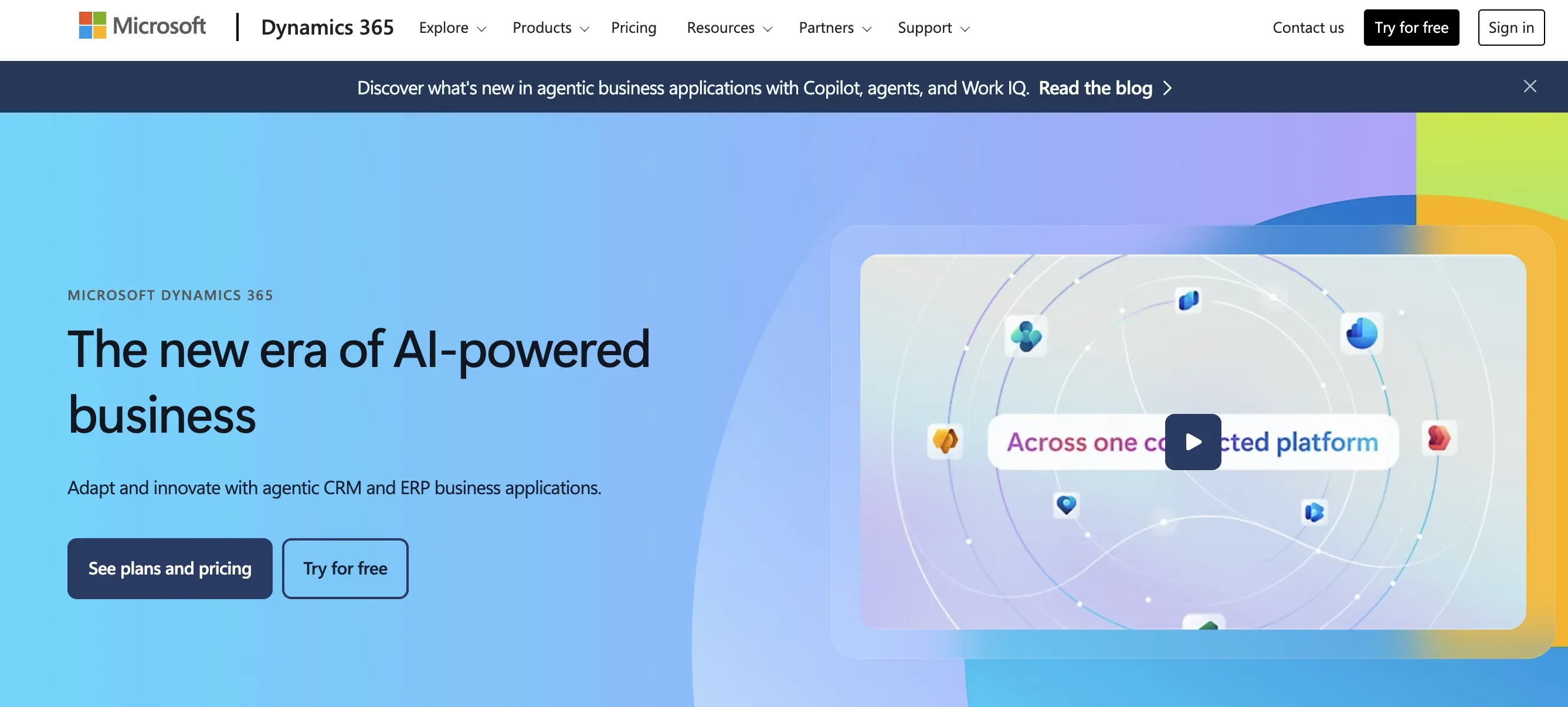 The Microsoft Dynamics 365 homepage, which says “The new era of AI-powered business”