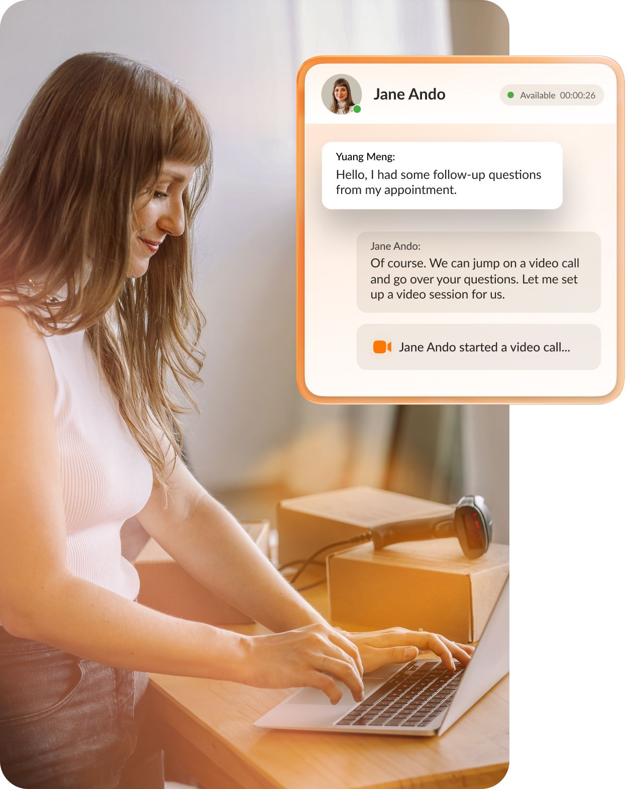 A woman uses RingCX to start a video call with a customer