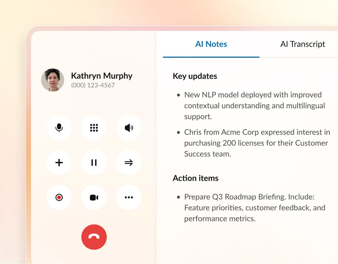 RingCentral AI Notes capturing key points from a meeting about manufacturing plans.
