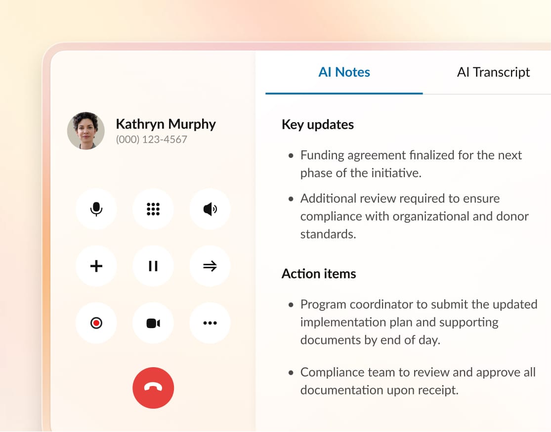 UI showing AI Notes and AI Transcript features which summarize calls and action-items.
