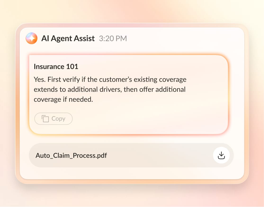 AI-generated answer assists customer support rep with an order issue.