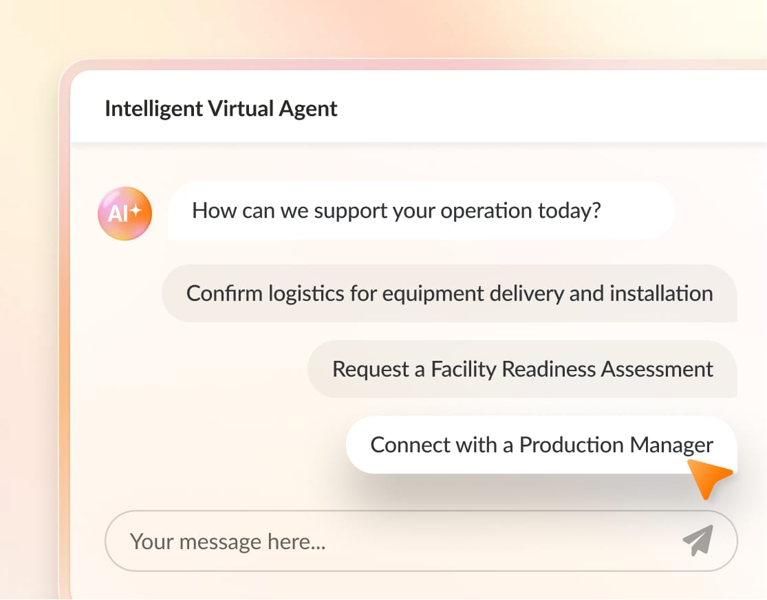 RingCX intelligent virtual agent (IVA) showing production operations prompts.
