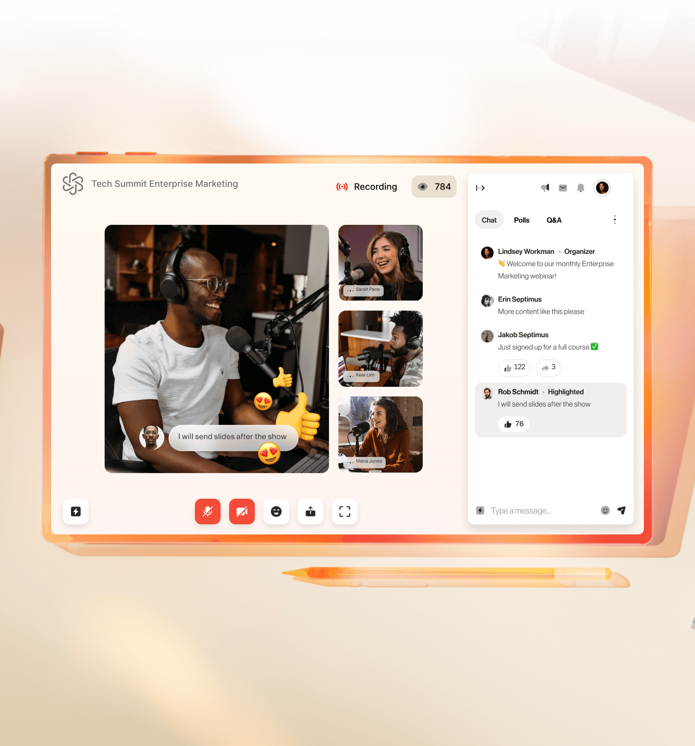 Webinar interface for Tech Summit Enterprise Marketing showing a live video broadcast with interactive chat, polls, and real-time reactions.