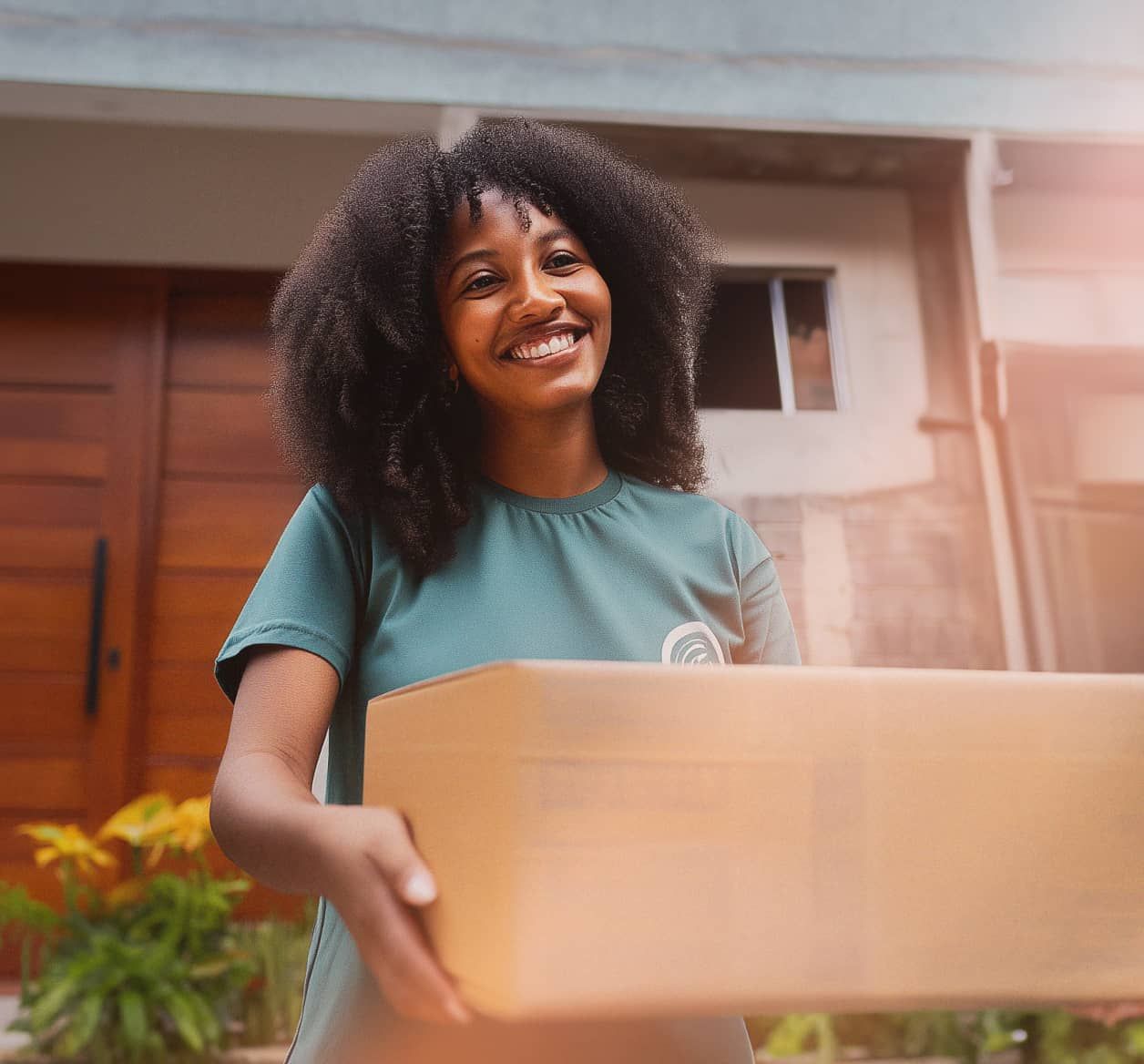 A volunteer standing outside of a home is handing someone a cardboard box of goods.