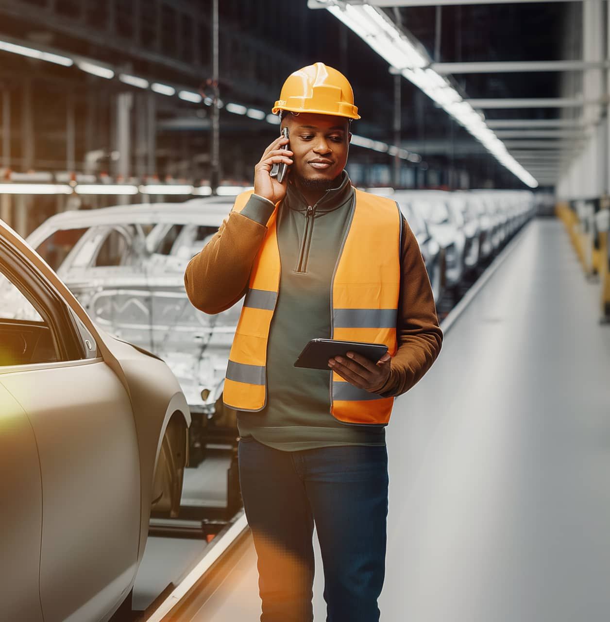 Floor supervisor is taking a call while overseeing the production line at a manufacturing plant.