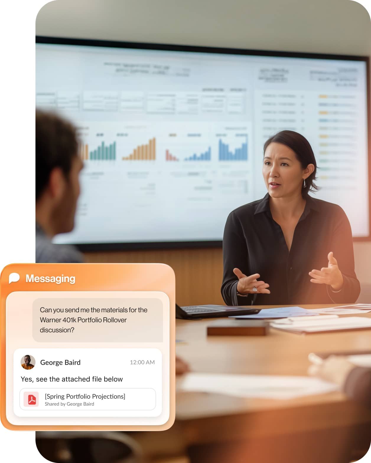 A female manager using RingCentral app on laptop to send team messages and share files