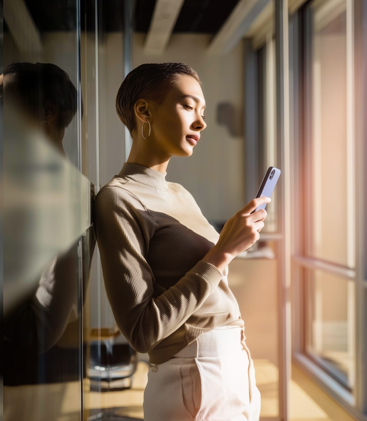 A young woman reads messages on her mobile phone.