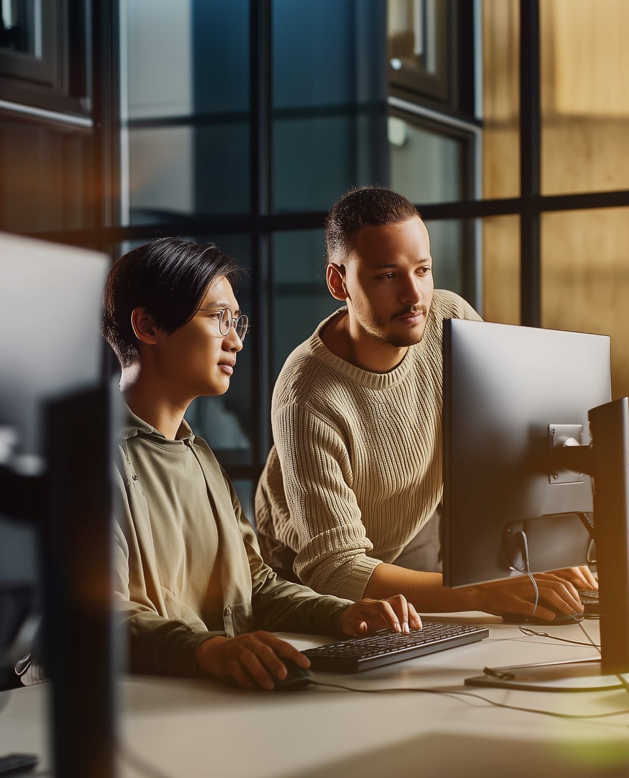 Two employees assess information displayed on a monitor.