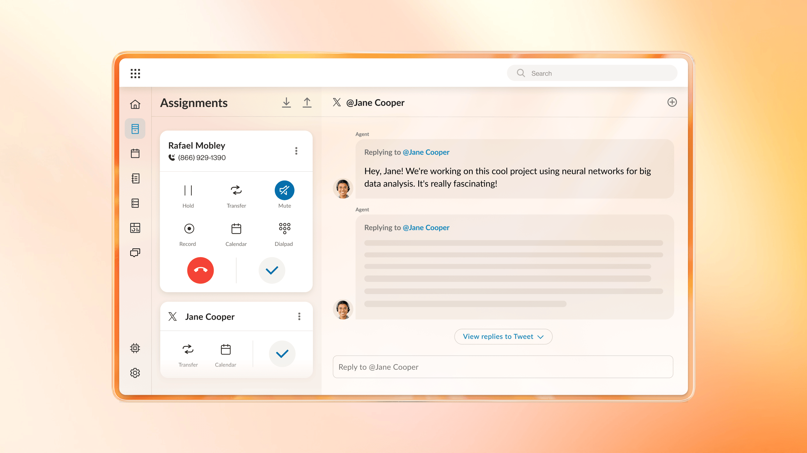 A RingCentral agent dashboard shows an omnichannel customer service agent assisting customers by phone and via X (Twitter) 