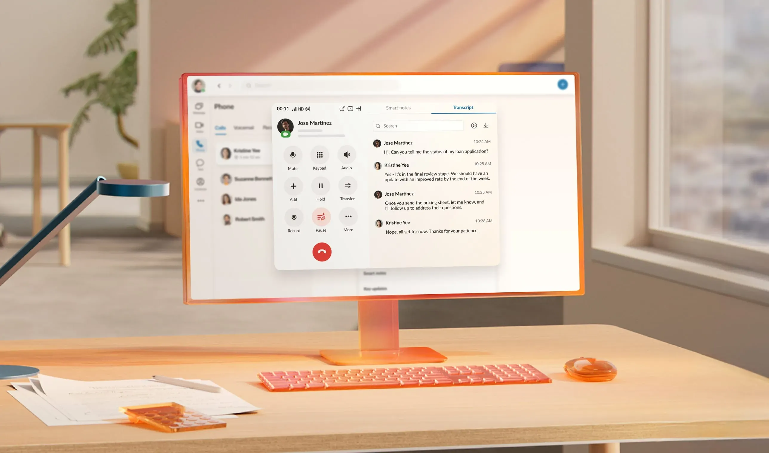  A monitor displaying a written interaction within the RingCentral platform, discussing the status of a loan application