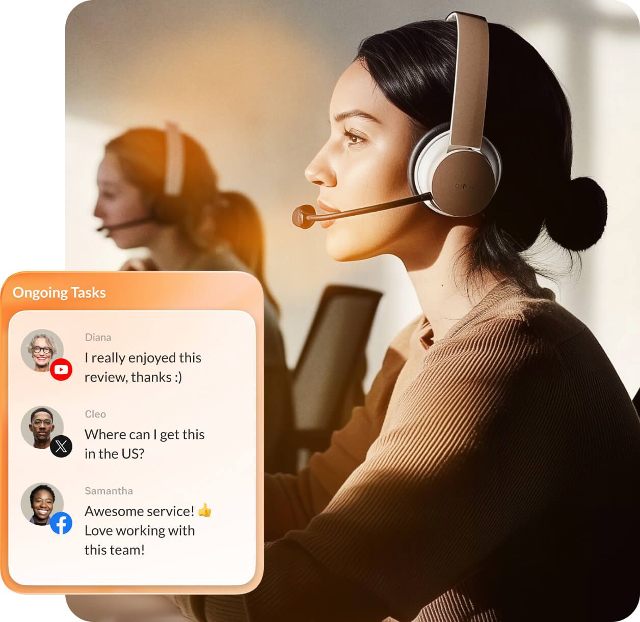 A female contact center agent looking at ongoing tasks from different social media channels