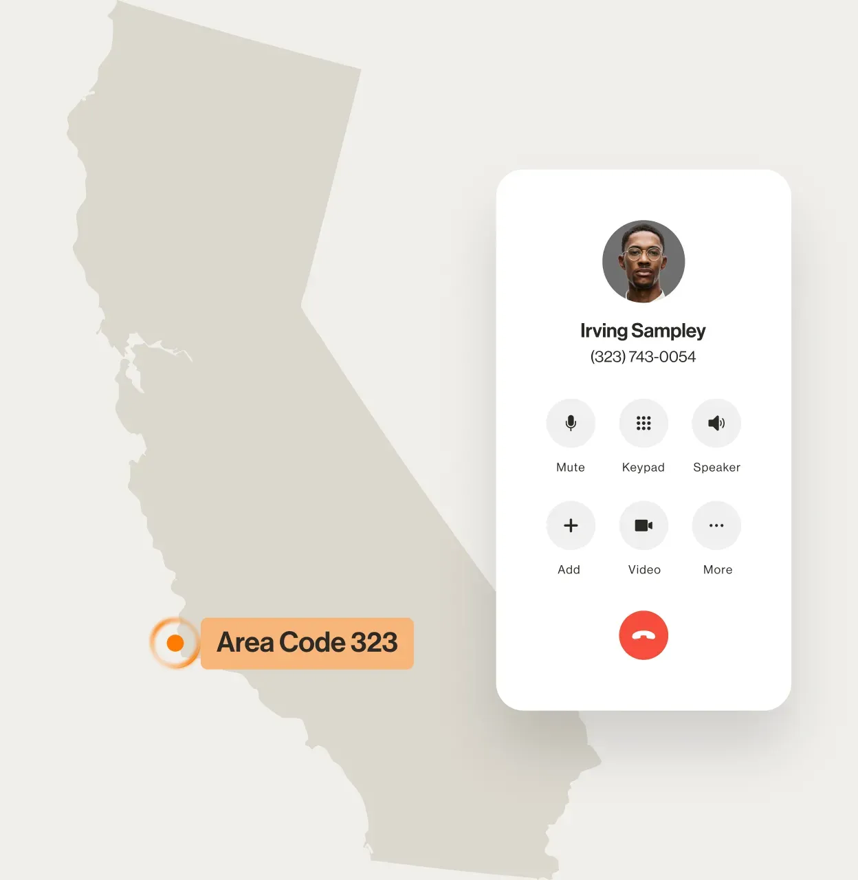A contact number displayed on a RingCentral dialpad displayed over a map of area code 323