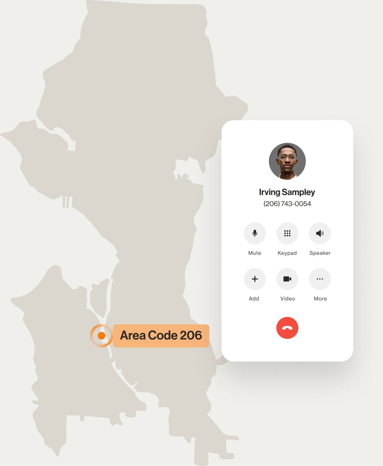 A contact number displayed on a RingCentral dialpad displayed over a map of area code 206