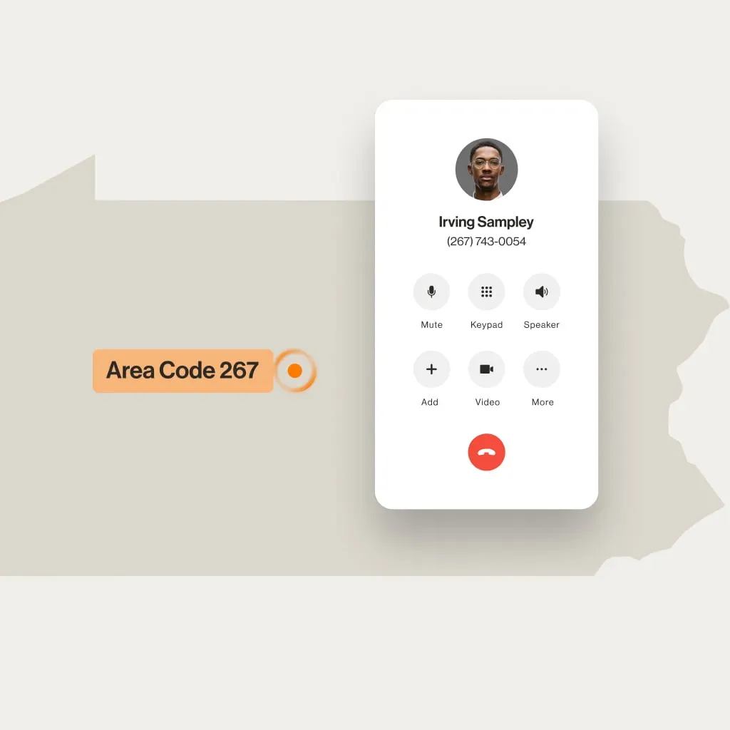 A contact displayed on the RingCentral dialpad over the Pennsylvania map