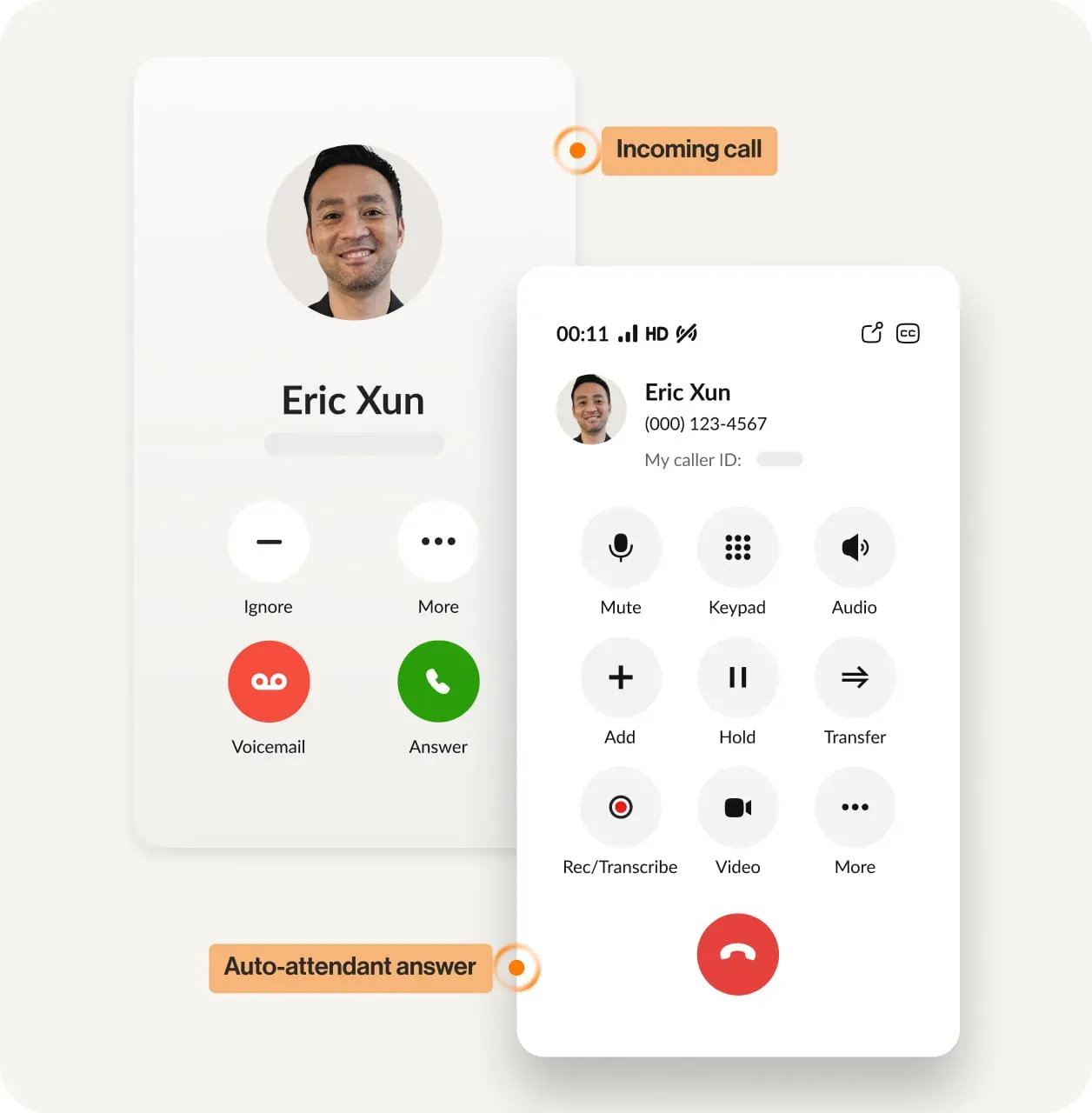 An incoming VoIP call in the RingCentral app answered by an auto-attendant