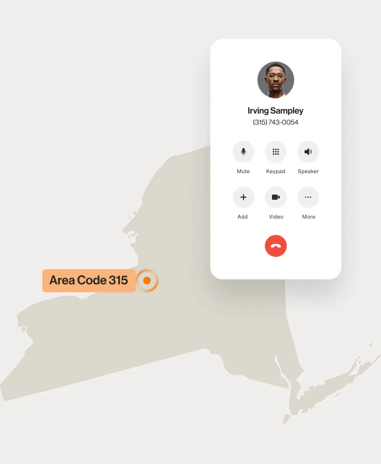 A contact number displayed on a RingCentral dialpad displayed over a map of area code 315