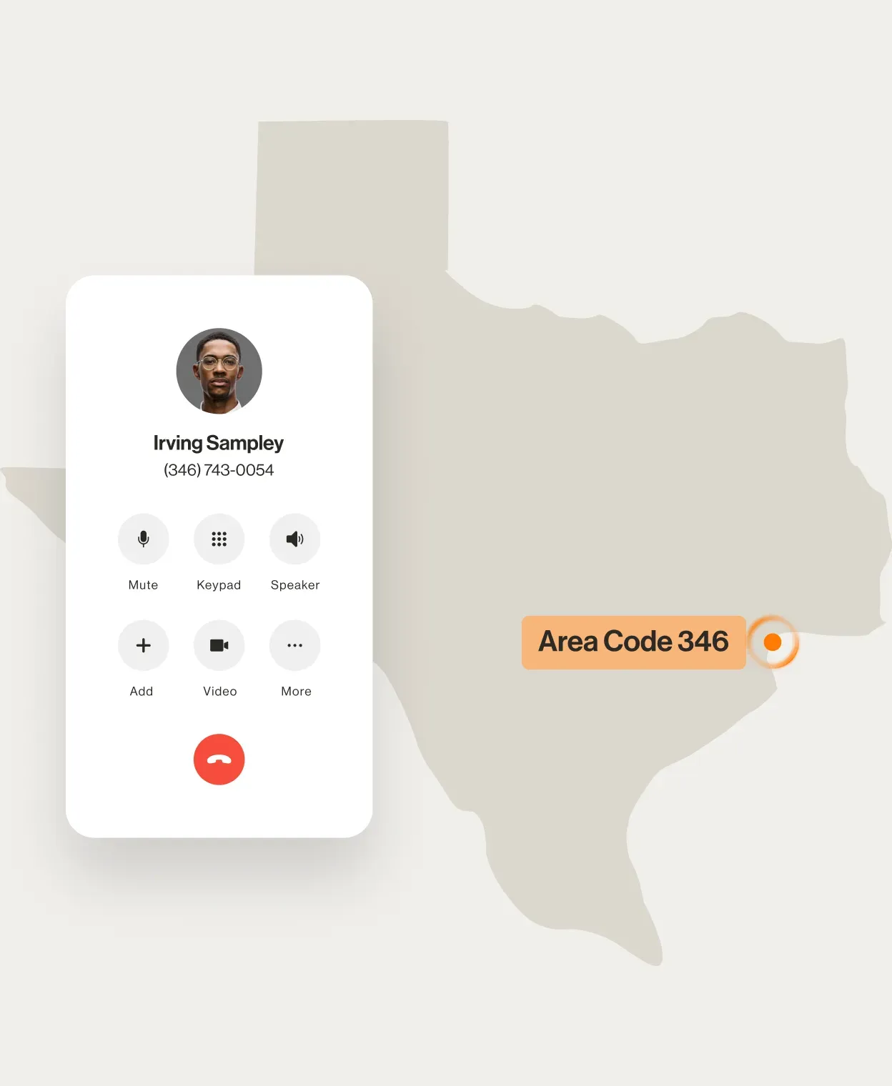 A contact number displayed on a RingCentral dialpad displayed over a map of area code 346