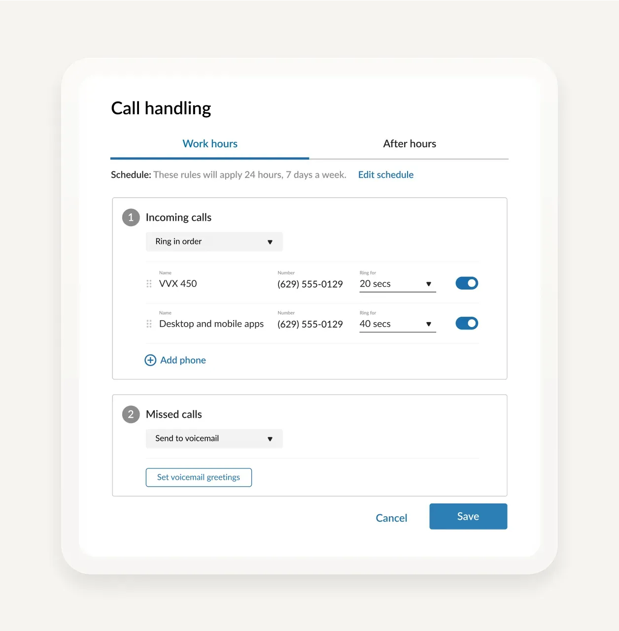 The Work Hours Settings of the Call Handling dashboard in the RingCentral app